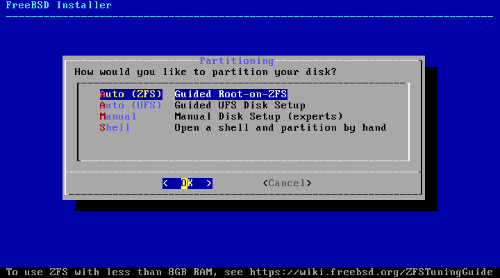 Instalador de FreeBSD - menú de particionado